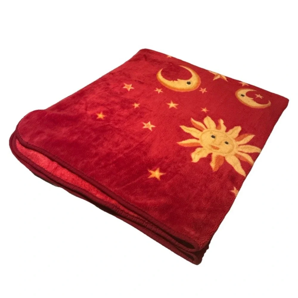 Vintage Blanket Celestial Sun Moon Stars Red Mink Fleece 95x78